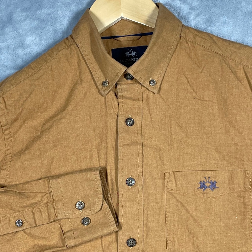 La Martina Mens Tailored Fit Button Down Shirt Ochre Brown Cotton Small 39cm